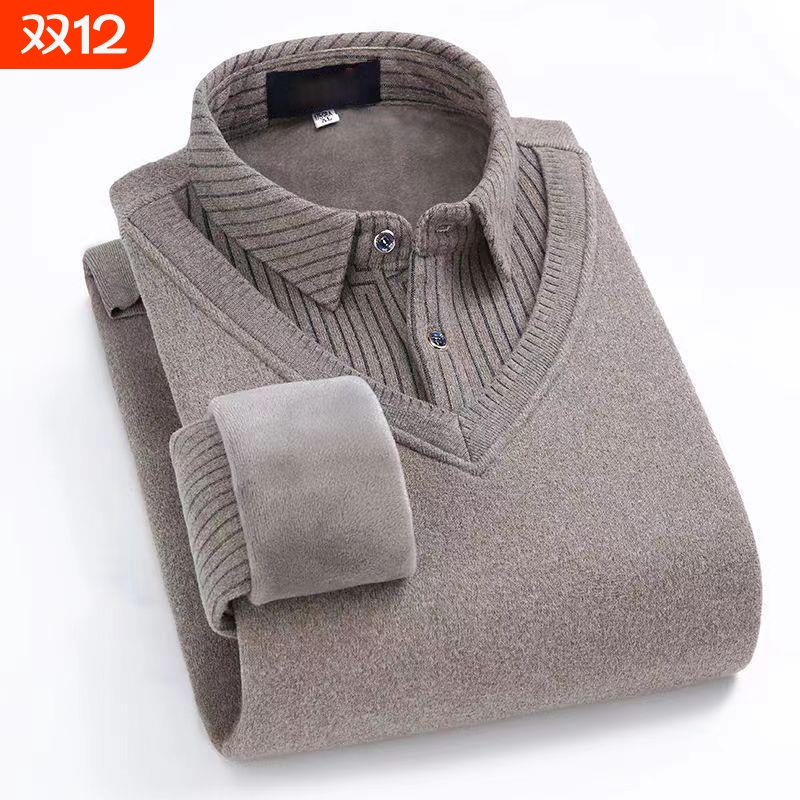 爸爸加绒加厚中老年男士秋冬装假两件衬衫领毛衣针织保暖打底内衣