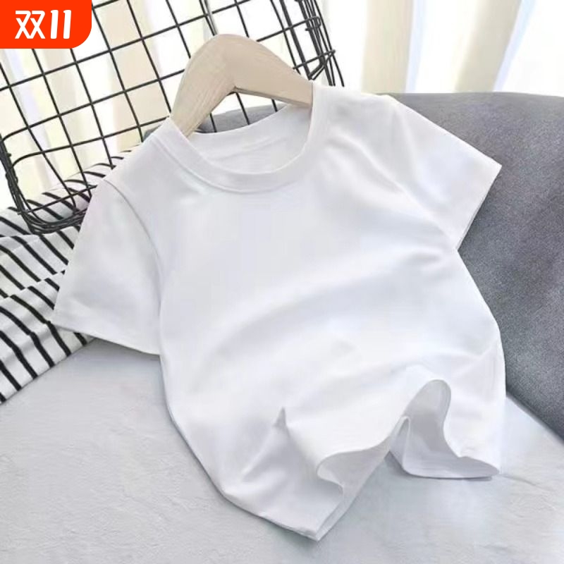 男女童儿童白色t恤半袖上衣男童纯色短袖统一班服中大童纯棉纯白