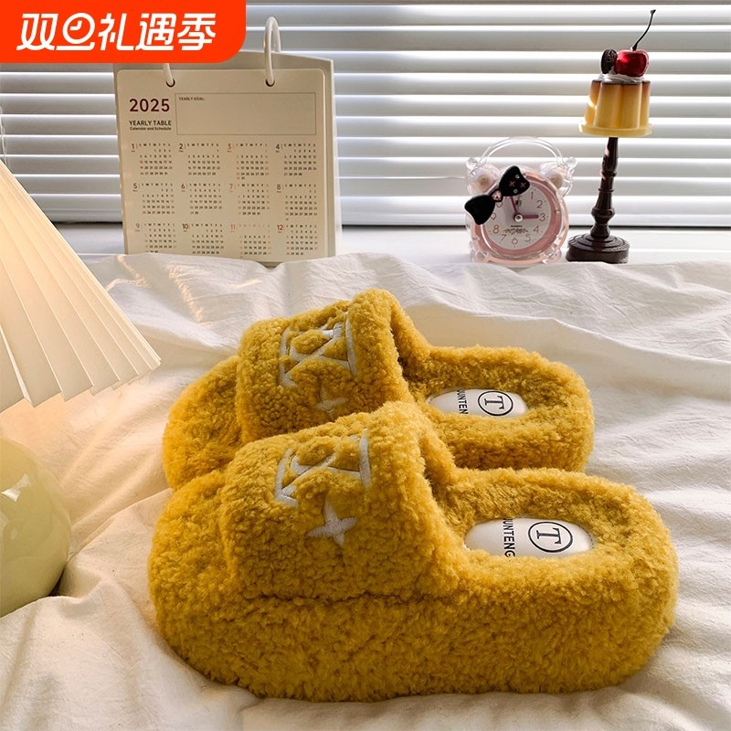 白鹿同款厚底增高毛毛鞋女2025秋季新款小个子时尚松糕棉拖鞋精品