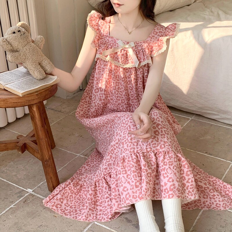 夏季小飞袖背心甜美公主风带胸垫睡裙女款棉绸睡衣豹纹家居服薄款