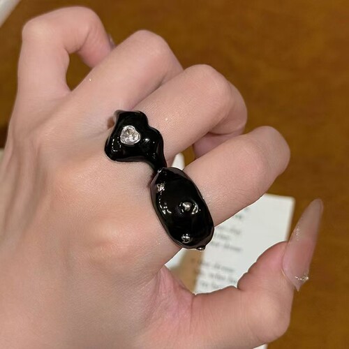 独特气质黑色滴油锆石爱心叠戴戒指女轻奢小众设计时尚指环食指戒