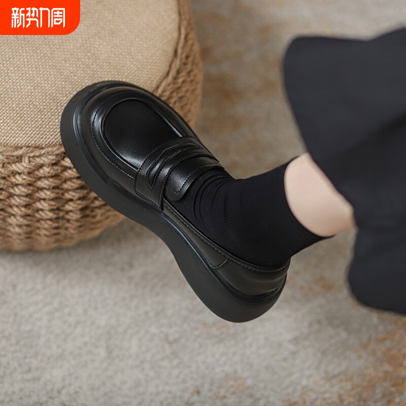 真皮厚底乐福鞋女2024春秋新款季松糕黑色百搭单鞋jk英伦风小皮