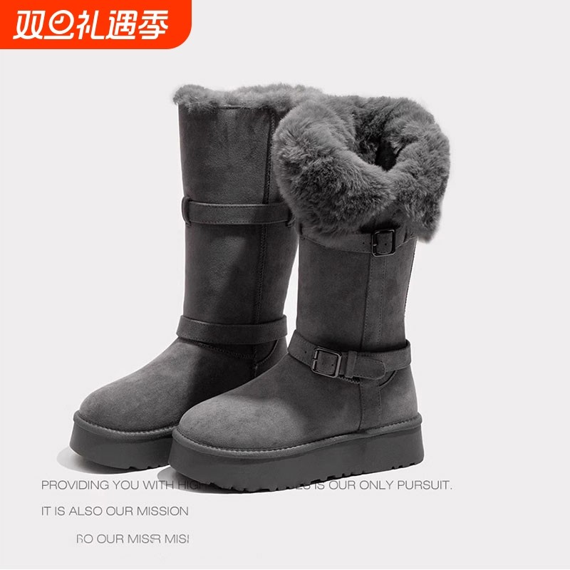 灰色长筒雪地靴女2025冬季新款厚底增高加绒加厚高筒保暖棉鞋子