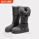 灰色长筒雪地靴女2025冬季新款厚底增高加绒加厚高筒保暖棉鞋子