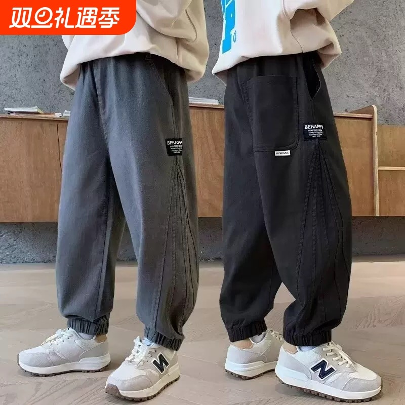 儿童男童裤子2025年春秋运动裤中大童加绒长裤工装休闲裤双11黑