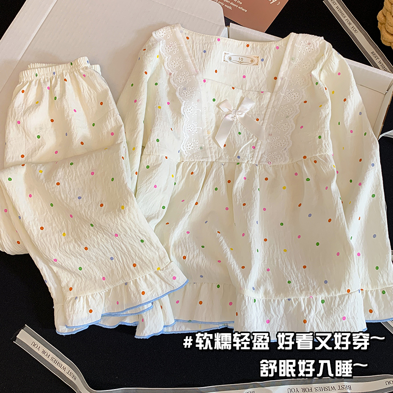2025新款儿童彩点睡衣长袖秋款公主蕾丝花边女童甜美春秋季家居服