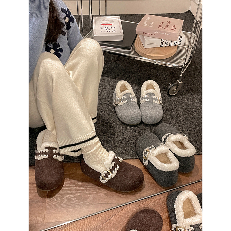 灰色内增高厚底加绒雪地棉鞋女冬2025新款加厚保暖毛毛勃肯鞋毛绒