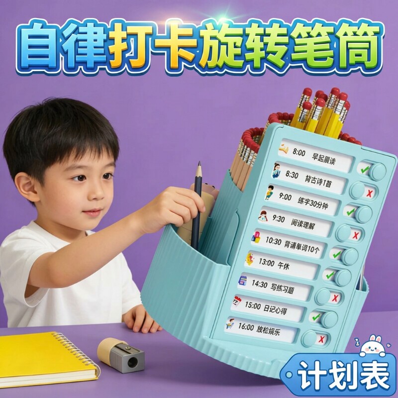 桌面自律打卡器笔筒旋转文具收纳盒笔盒笔架放装笔的笔桶创意摆件学习计划表360度学生打卡每日任务成就习惯