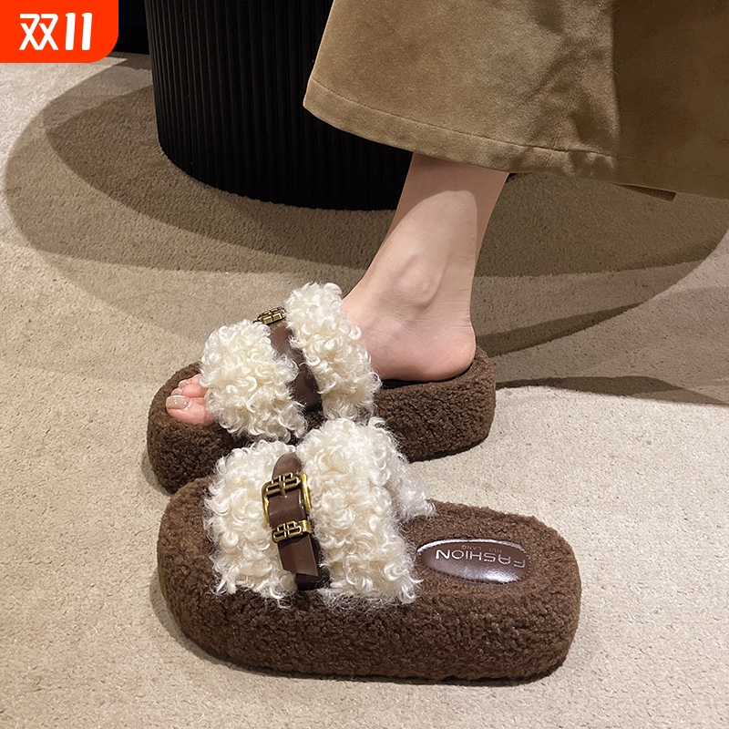 毛绒羊羔毛毛拖鞋女外穿2025新款秋冬厚底棉拖鞋黑色时尚防滑韩版