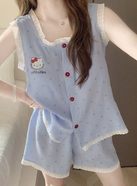 Hellokitty带胸垫睡衣女款夏季云朵棉吊带短裤背心卡通家居服套装