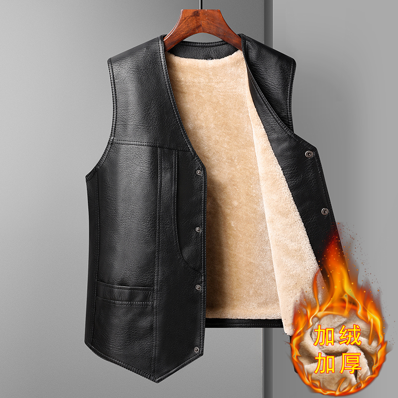 中年爸爸秋冬加绒皮质休闲马甲