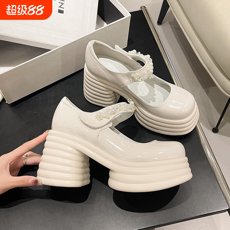厚底婚鞋女主婚纱神器松糕鞋春季矮子乐粗跟珍珠玛丽珍新娘高跟鞋