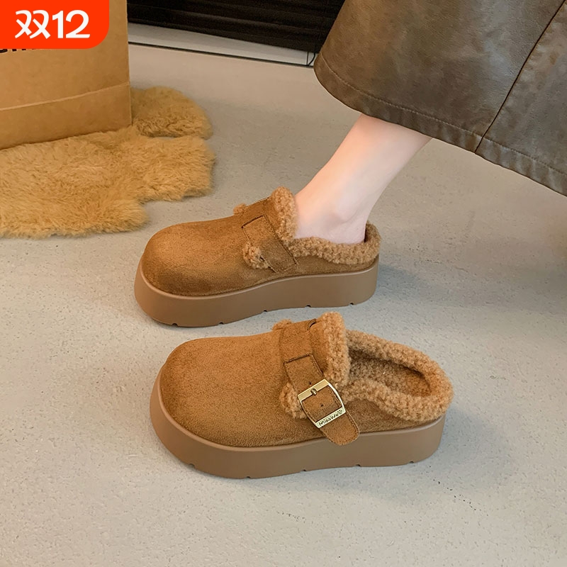 厚底勃肯包头半拖鞋女外穿2025新款秋冬加绒一脚蹬博肯毛毛棉拖鞋