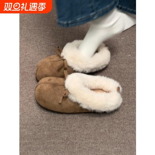 厚底蝴蝶结毛绒勃肯包头拖鞋女冬季懒人一脚蹬加绒保暖棉鞋毛毛鞋