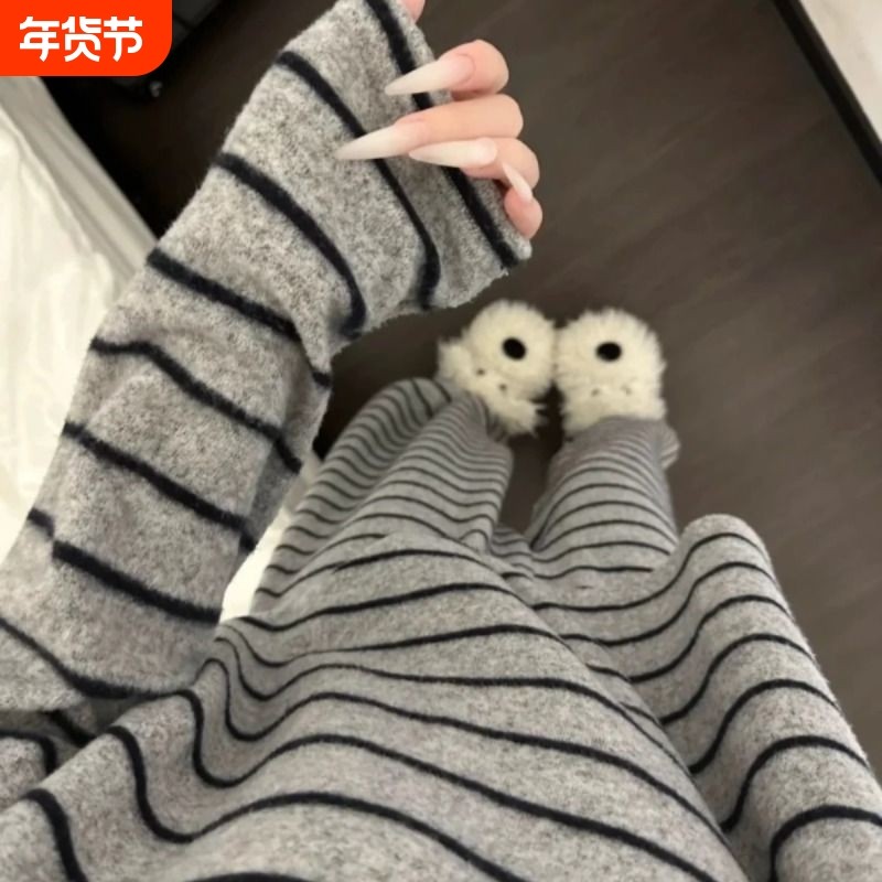 韩版ins简约条纹睡衣女学生保暖圆领长袖长裤宽松德绒家居服套装