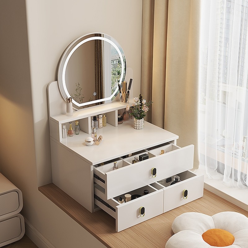 飘窗梳妆台小户型阳台家用带灯圆镜置物抽屉大桌面白色简易收纳柜