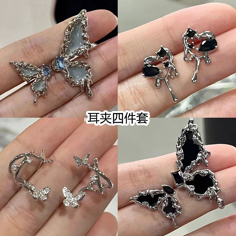 甜酷辣妹不对称雾霾蓝蝴蝶耳夹小众气质高级感简约轻奢无耳洞耳夹