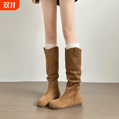 内增高5cm堆堆长靴女2025秋冬新款褶皱V口博肯小个子骑士长筒靴子