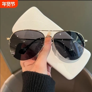 飞行员墨镜男女显瘦开车防紫外线蛤蟆镜半框太阳眼镜复古树脂圆脸