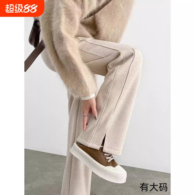 人字纹加绒阔腿裤女秋冬2025新款毛呢开叉裤子直筒窄版香蕉裤大码