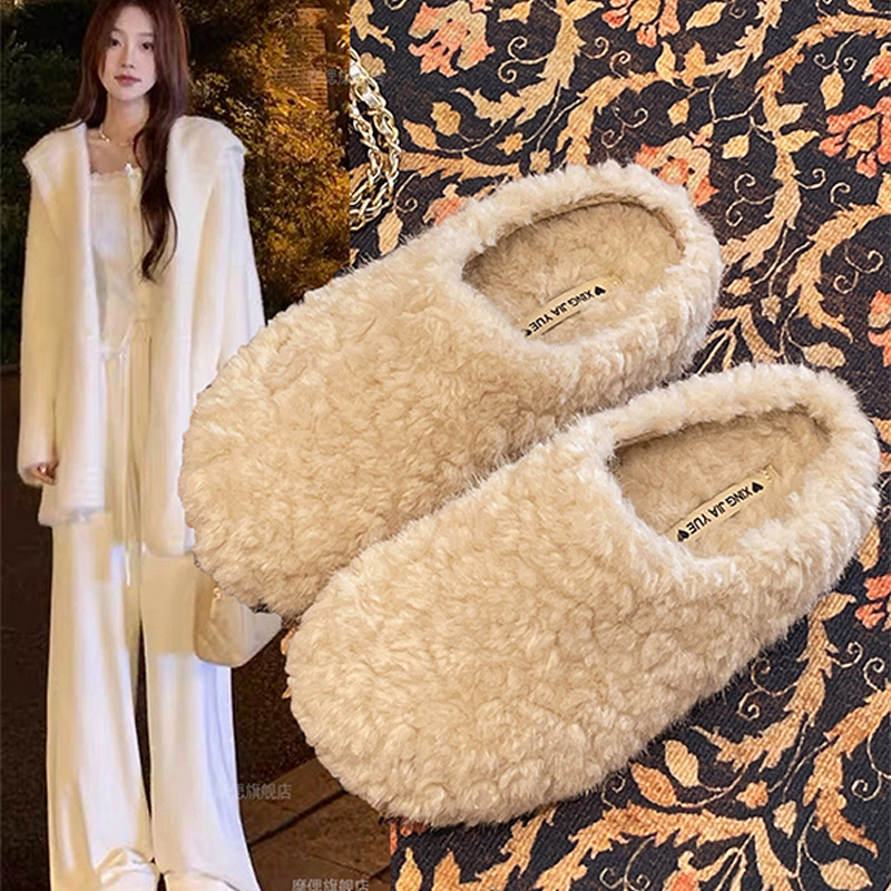 厚底羊羔毛包头毛毛拖鞋女外穿2025新款秋冬季一脚蹬懒加绒棉拖鞋