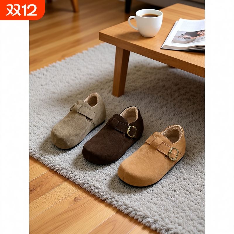 真皮内增高加绒勃肯鞋女2025秋冬新款丑萌一脚蹬乐福鞋毛绒卡其色