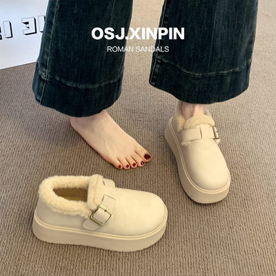 厚底雪地靴女款2025新款冬季女鞋加绒加厚勃肯鞋白色鞋子皮面棉鞋