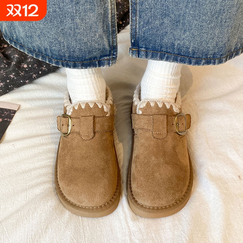 复古加绒保暖勃肯鞋女款2025冬天新款厚底棉鞋乐福鞋休闲雪地靴