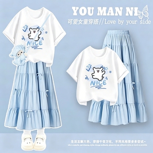 可爱线条小狗印花女童短袖T恤裙子套装甜美ins风中大童夏季上衣服