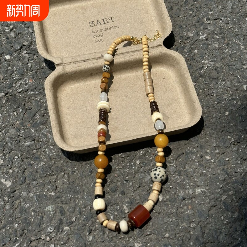 登陆可爱岛屿waki设计师款天然玉石木质珠不对称彩色串珠简约项链