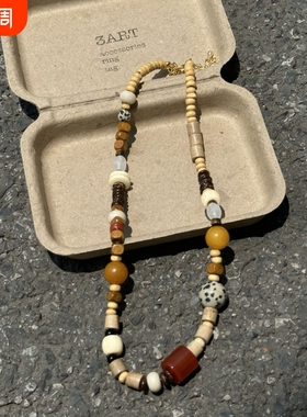 登陆可爱岛屿waki设计师款天然玉石木质珠不对称彩色串珠简约项链