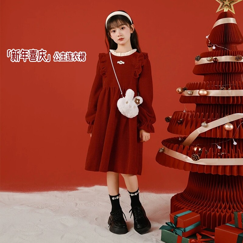 红色女童公主连衣裙新年服装秋冬裙子冬装2026新款拜年服儿童衣服