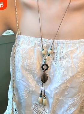梧桐琥珀 新中式长款禅意风树叶吊坠项链波西米亚民族风挂脖配饰