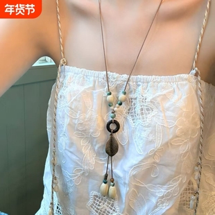 梧桐琥珀 新中式长款禅意风树叶吊坠项链波西米亚民族风挂脖配饰