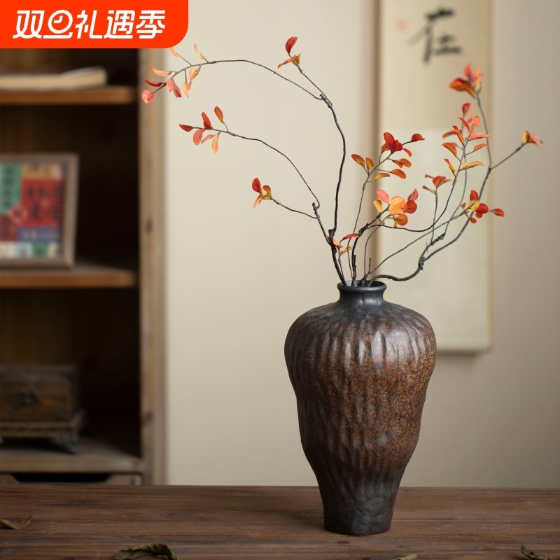 景德镇古典轻奢陶瓷花瓶新中式粗陶陶罐民宿酒店展示柜插干花摆件