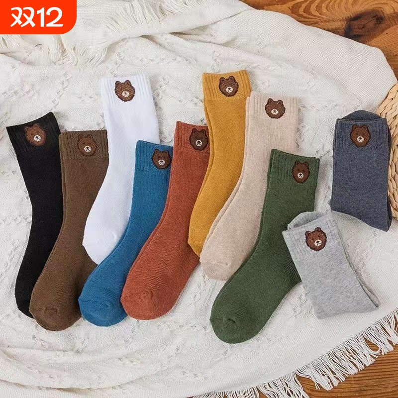 夏季小熊毛圈袜子女士中筒吸汗防臭加厚卡通可爱长筒ins潮袜白色