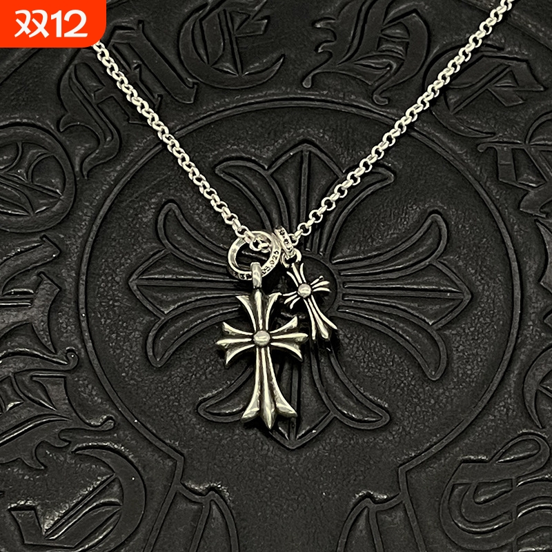 克罗伈双十字架项链男女欧美嘻哈个性十字架吊坠经典复古做旧