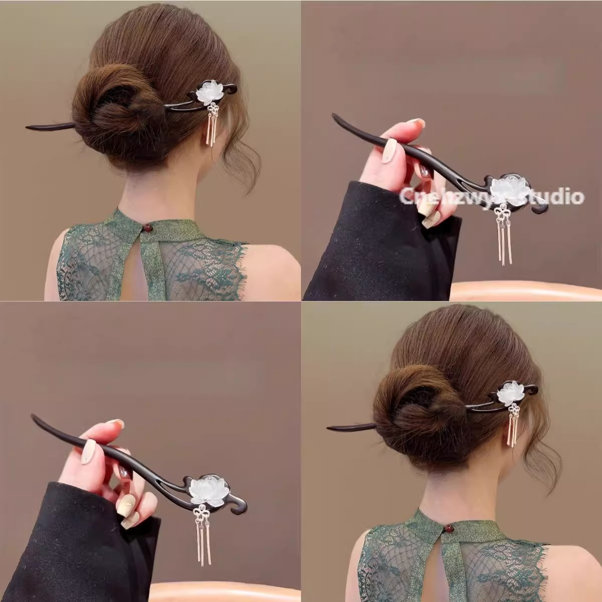 中式莲花檀木发簪女古风步摇流苏盘发簪子日常简约高级感发钗配饰