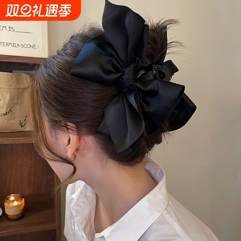 超大号蝴蝶结抓夹发夹女缎面黑色后脑勺不规则百搭高级鲨鱼夹发饰