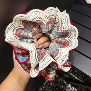 红格子韩系甜美格纹蕾丝大肠发圈女学院风氛围感显白头绳发饰