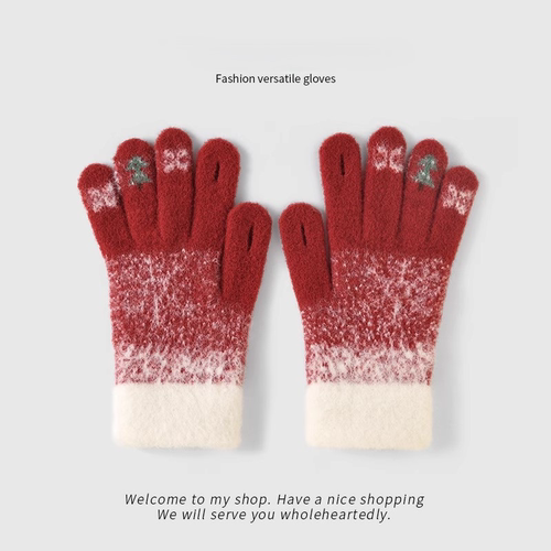 圣诞毛线手套女冬季防寒加厚可爱学生露指骑行保暖防风可触屏针织
