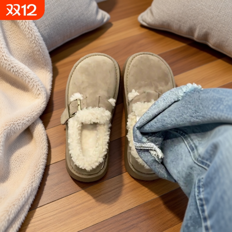 牛皮版~厚底加绒勃肯鞋百搭一脚蹬毛毛鞋雪地靴棉鞋女毛绒时尚