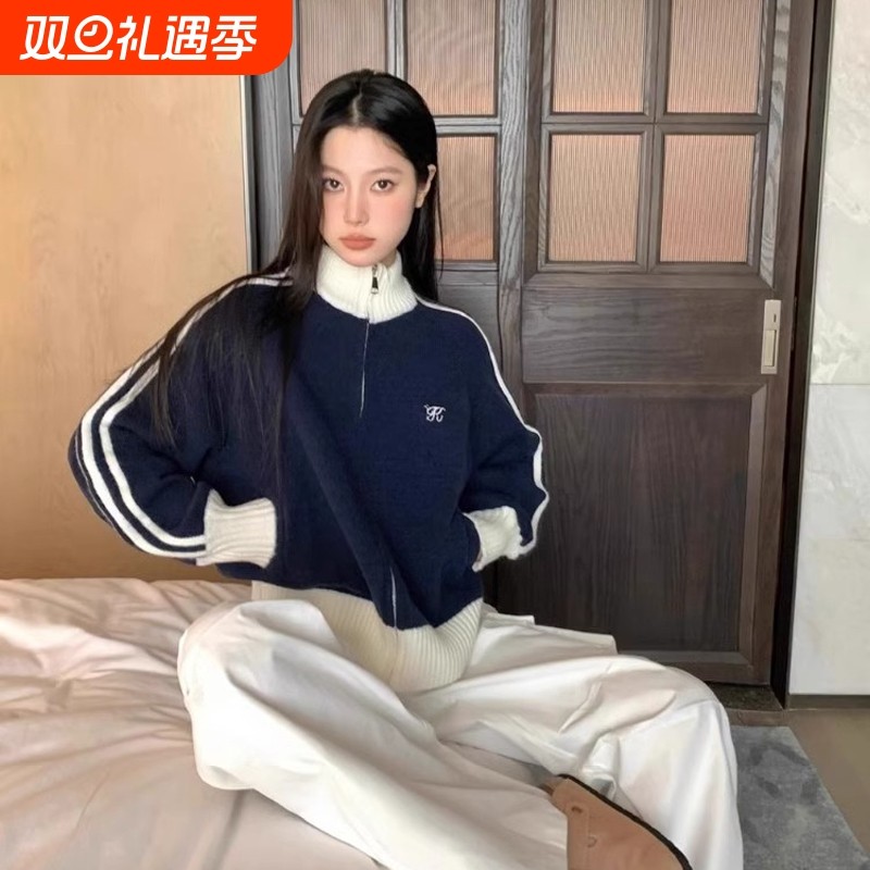 美式撞色长袖立领毛衣外套女2024春秋新款宽松棒球服开衫拉链上衣