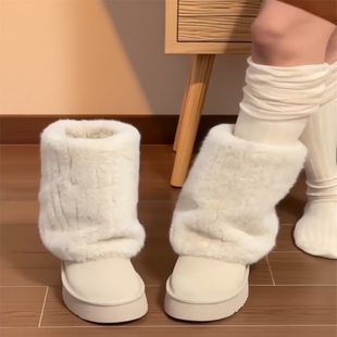 厚底雪地靴女款2024年冬季新款毛茸茸中筒裤管靴加绒加厚保暖棉鞋