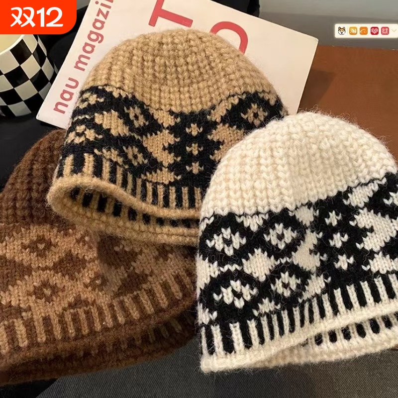复古菱形格子针织毛线帽女小众设计秋冬显脸小包头冷帽保暖帽子