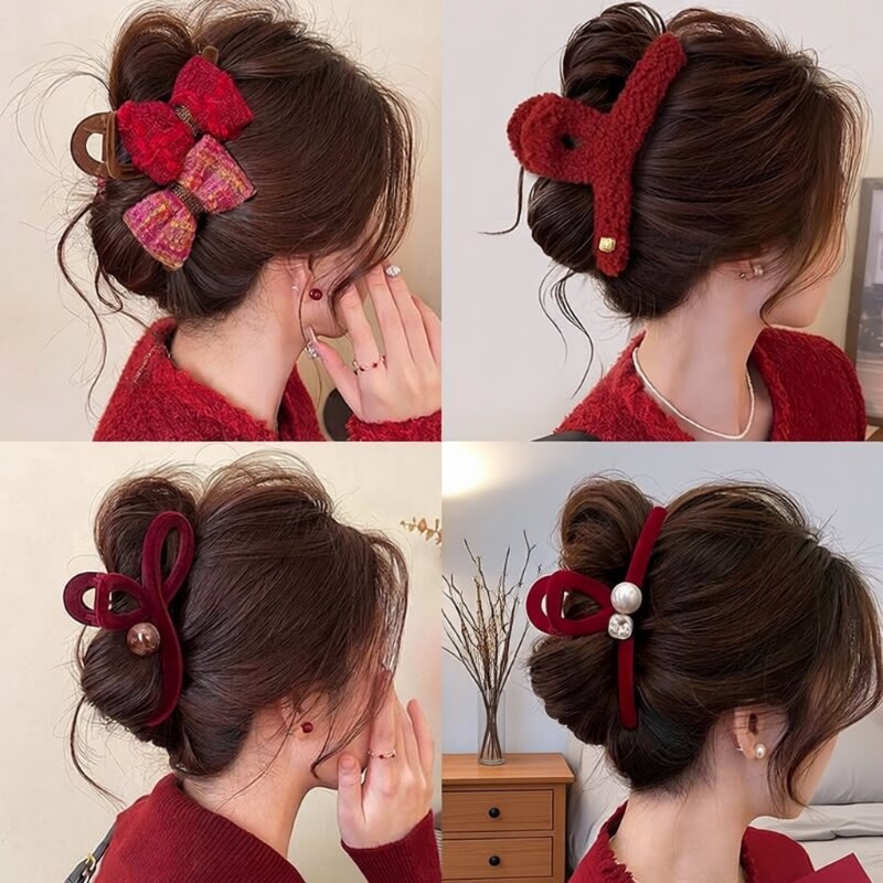 新年红色抓夹鲨鱼夹毛绒珍珠发夹女2026新款大号高级感后脑勺头饰