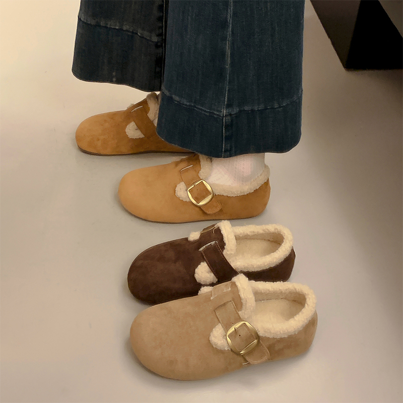 3CM内增高勃肯鞋女2025秋冬新款复古加绒一脚蹬毛毛鞋棉鞋子毛绒