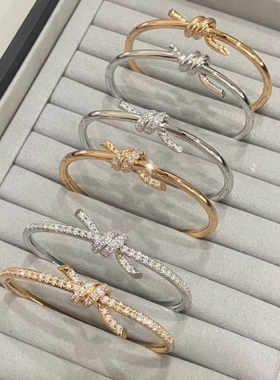 时尚轻奢简约扭绳结镶钻石手镯镀厚金重工珠宝级高质感玫瑰金