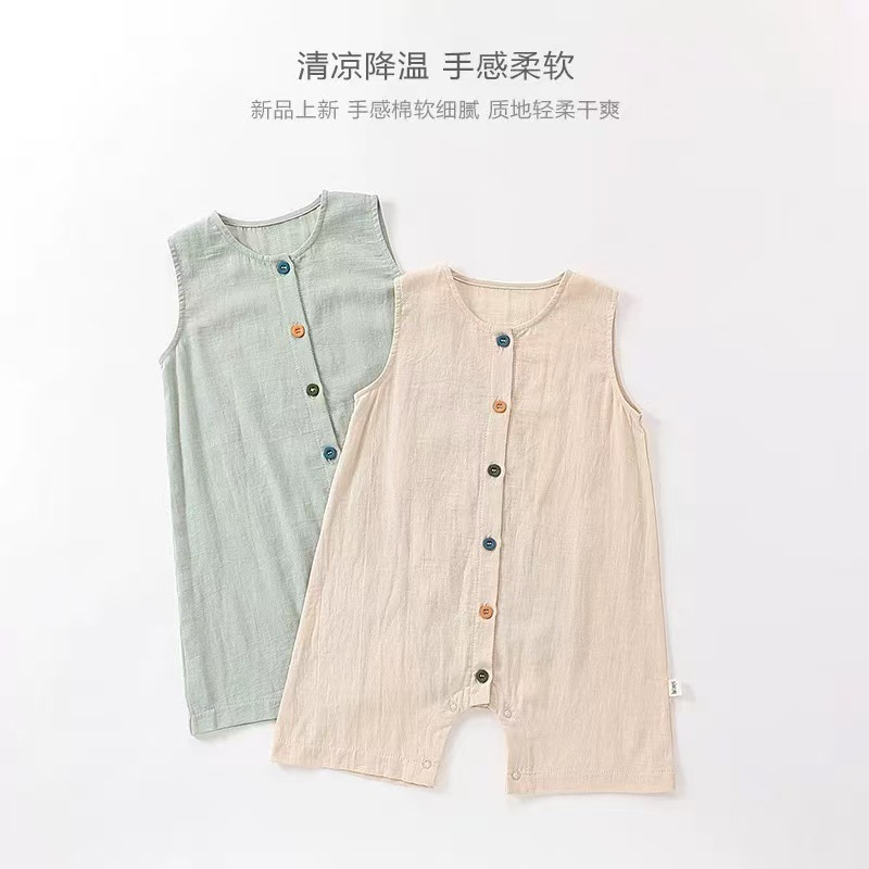 婴儿夏天棉绸衣服薄款婴幼儿棉麻无袖哈衣宝宝纯棉背心连体衣夏季
