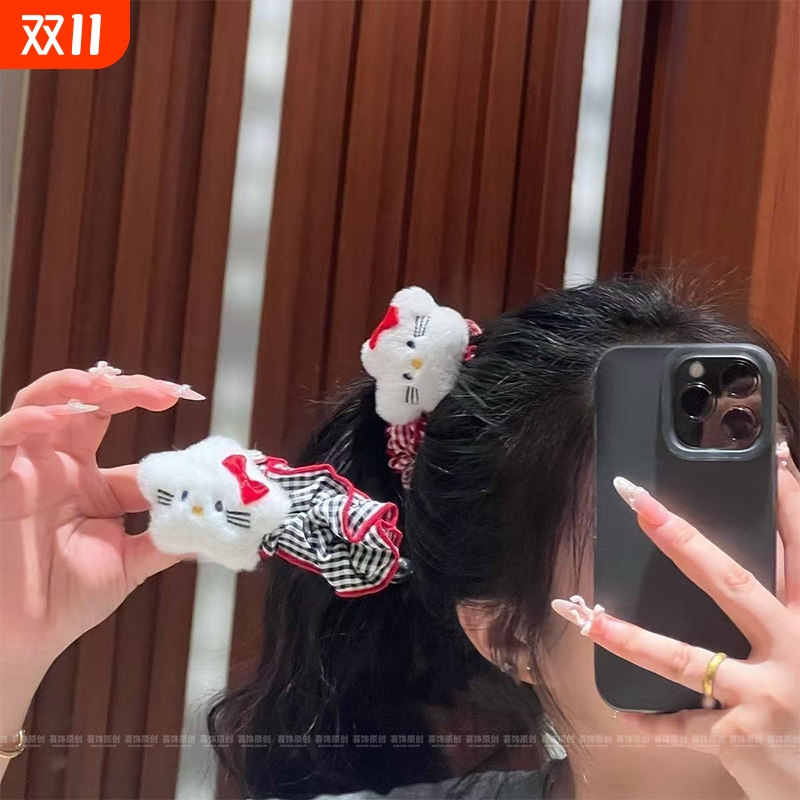 高马尾固定神器新款秋冬格子系星星ins双面凯蒂猫香蕉夹超可爱